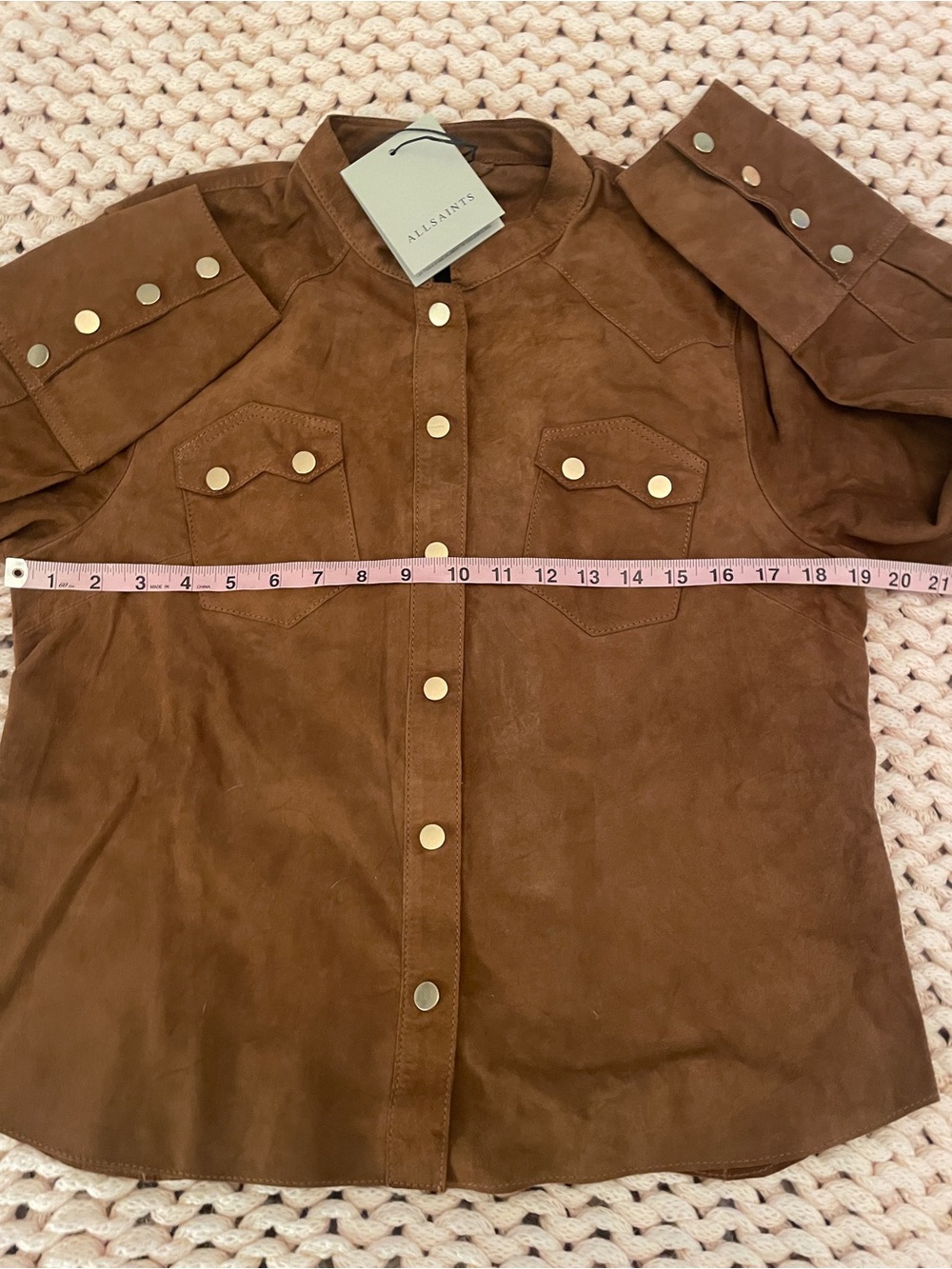 All Saints Rock Grandad-Collar Long-Sleeve Suede Shacket in Brown. US Size 8. NW - Picture 6 of 7